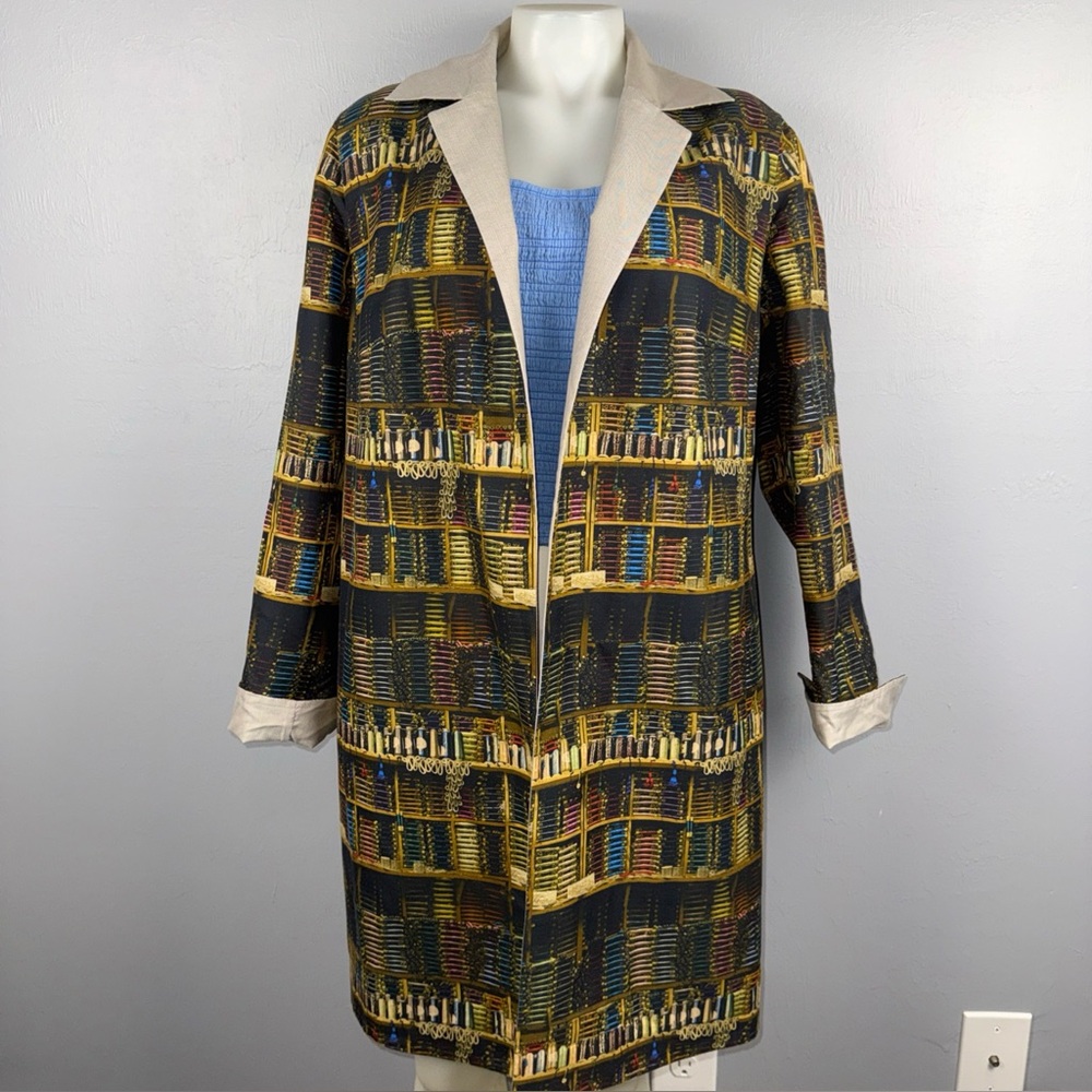 AKRIS “Theatre” Coat Sz 12 Multi-Color Cotton Blend Reversible Open Front Books